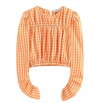

2020 women court style plaid print casual short blouse shirt women retro puff sleeve hem elastic chic chemise blusas tops LS6510