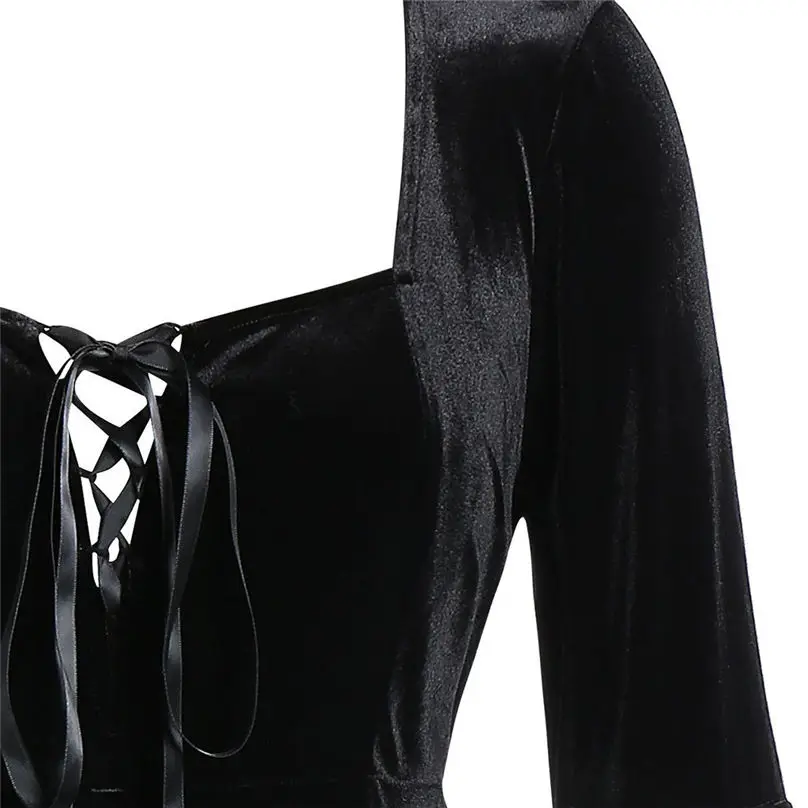 New Fashion Halloween Dress Women Velvet Plus Size Halloween Lace Up Patchwork Long Sleeve Mini Dress Vestidos 4S04 (7)