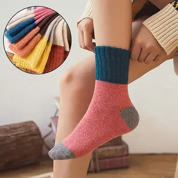 

5 Pairs Women Rabbit Wool Socks Portable Practical Durable Delicate Design Splicing Color Winter Thick Warm Mid-calf Socks