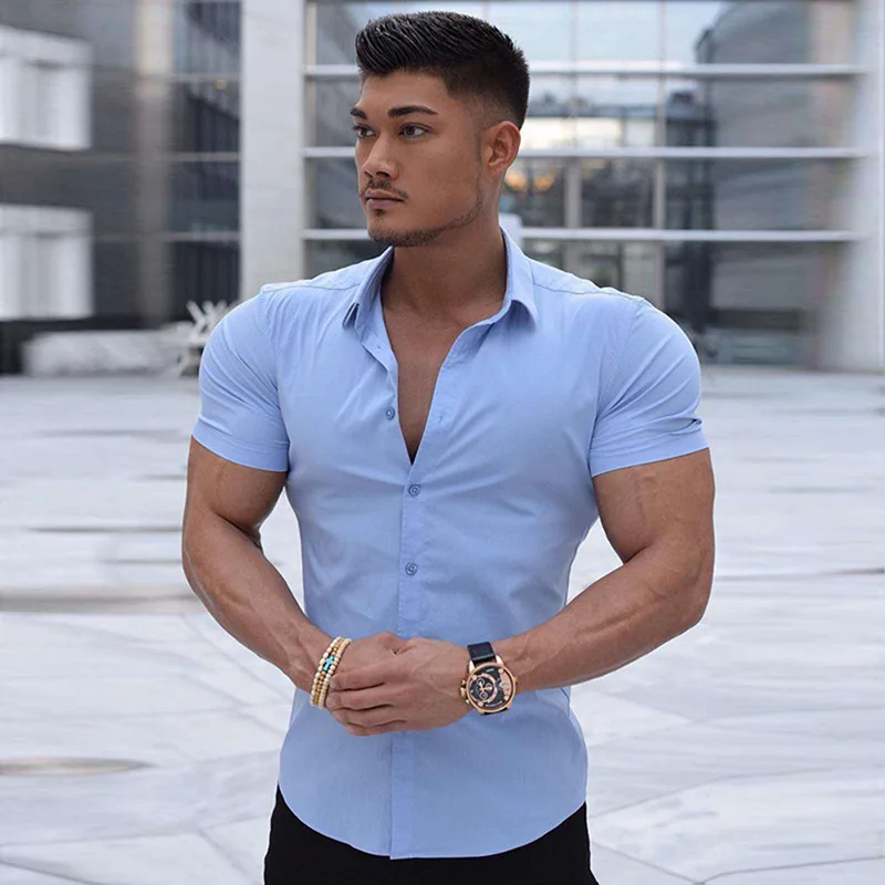 

Muscle Men's Elastic Shirt Collar Short Sleeve Summer Breathable Thin Fit Quick Drying Sports Cardigan Fitness Clothes