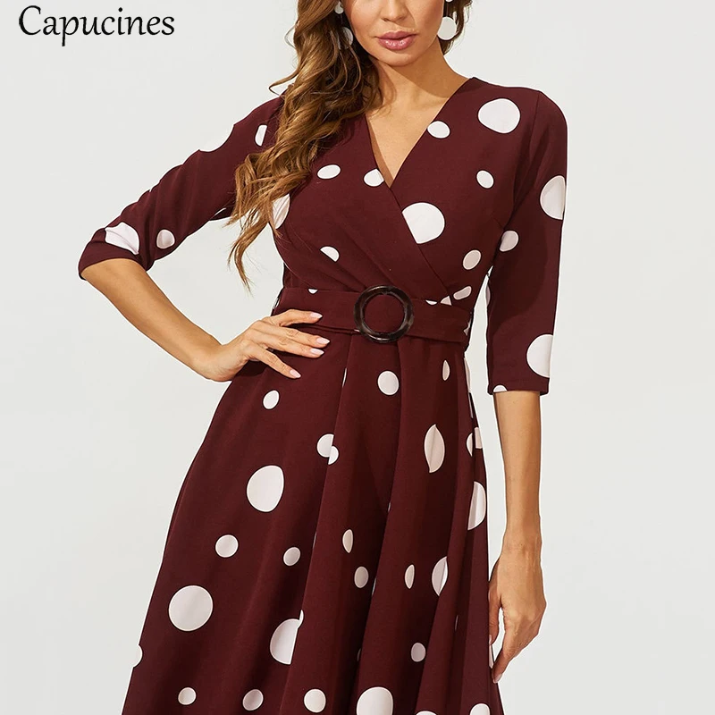 Capucines New Irregular Dot Printed Belt Women Dress Autumn 3/4 Sleeves V Neck A Line Slim Elegant Vintage Party Dresses