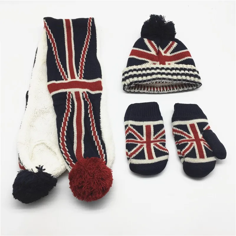 Детский однотонный шарф с принтом флага, шапка, перчатка, комплект, шарф с помпоном, шапка, детская шапочка, варежки, комплекты, флаг США, принт Флаг Великобритании, зимние комплекты