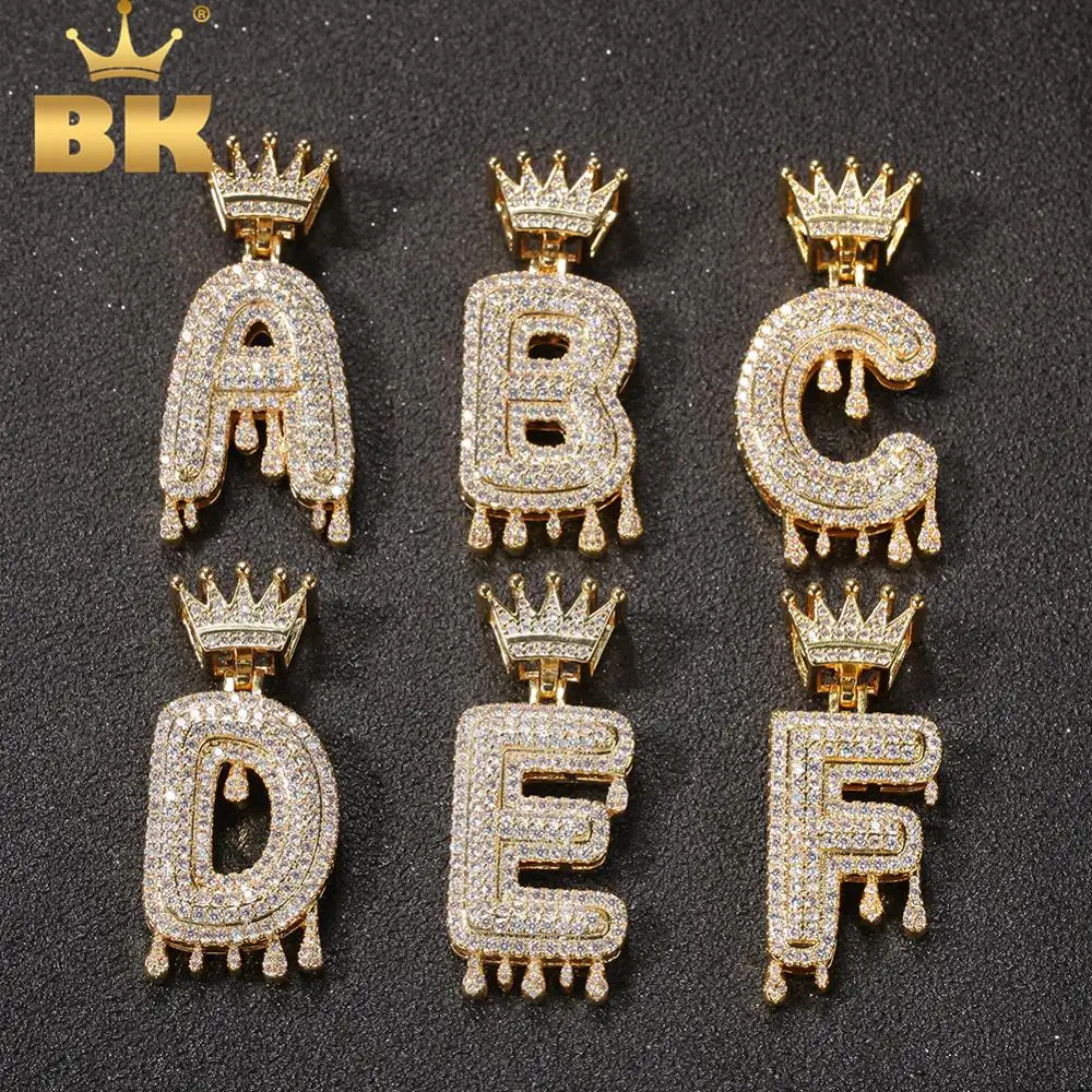 THE BLING KING Drip Crown Letters Name Necklace Iced Out Cubic Zirconia 26 English Bubble Initial Letters Pendant Jewelry Gifts