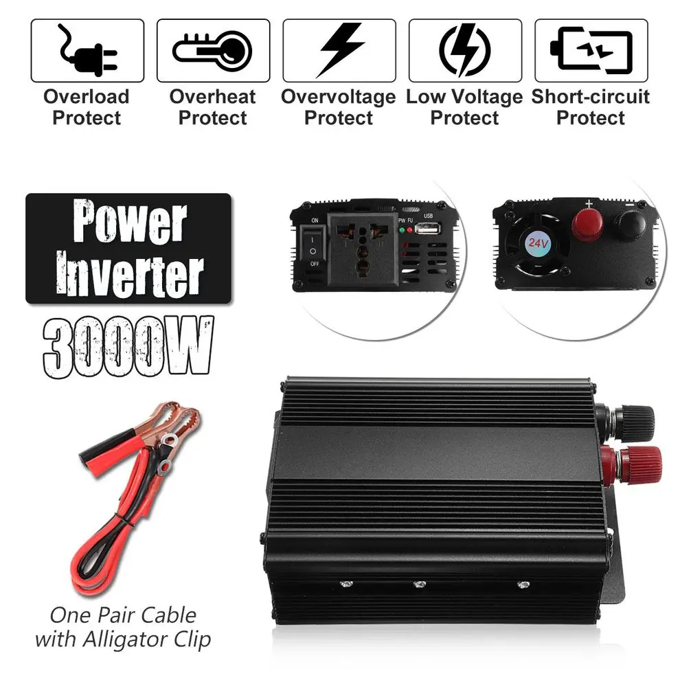 

3000W High Power 12V to 220V Power Inverter with USB Port High Conversion Aluminum Alloy Housing Transformer
