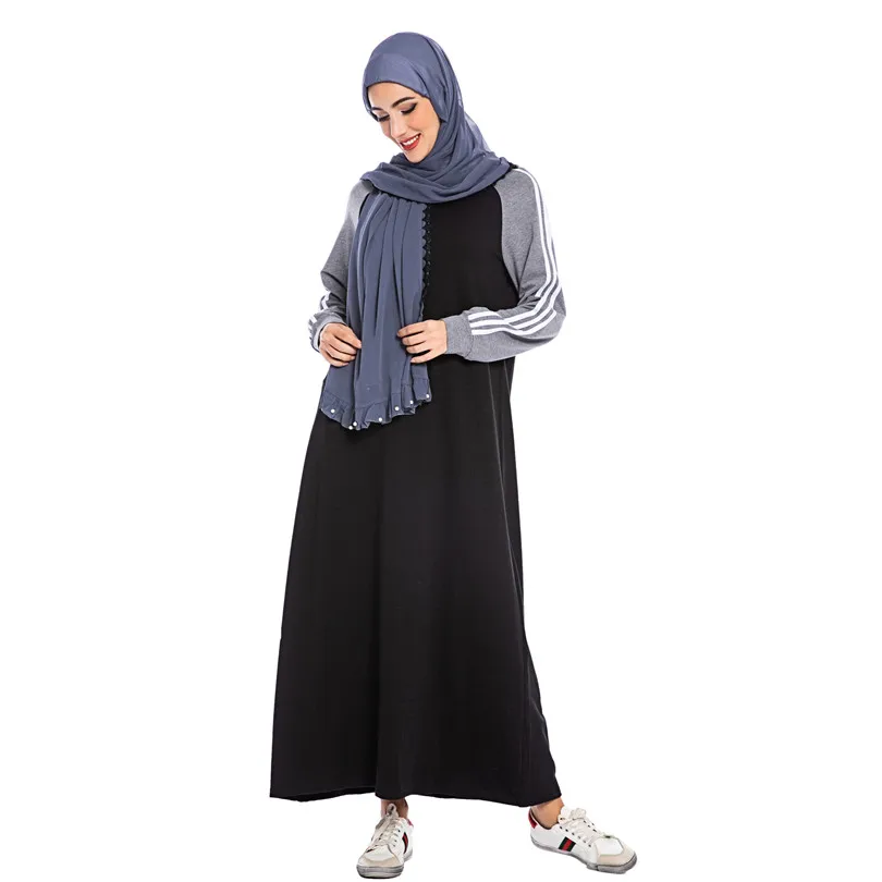 Winter Dresses Pullover Jumper Dress Long Plus Size Fashion Casual Stripes Color Block Elegant Muslim Women Wears