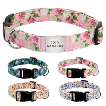 

Personalized Dog Collar Engraved Slide on ID Tags Collar Custom Pet Collars Flower Printed for Small Medium Large Dogs