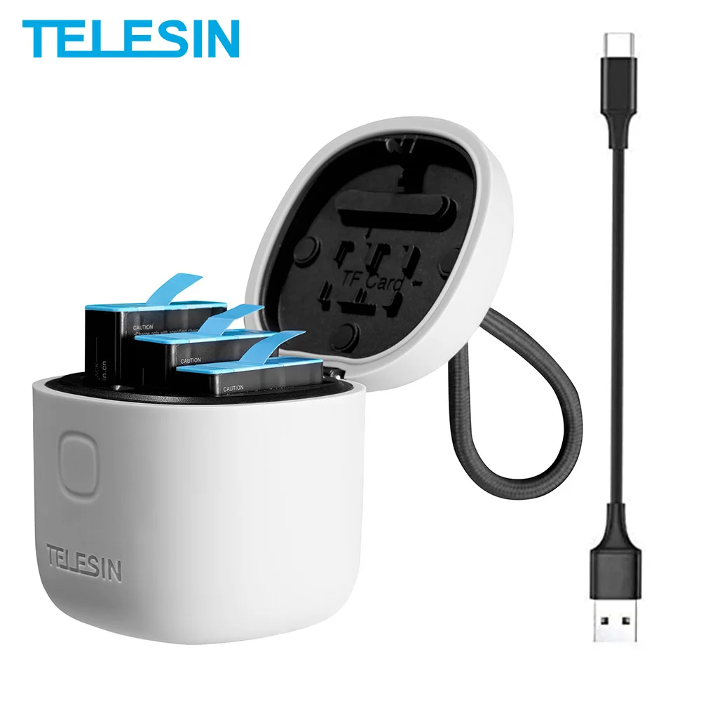 TELESIN 3Pack Battery For GoPro 9 8 7 Black 3 Slots LED Light Charger Box TF Card Reader Storage For GoPro Hero 5 6 7 8 9 Black