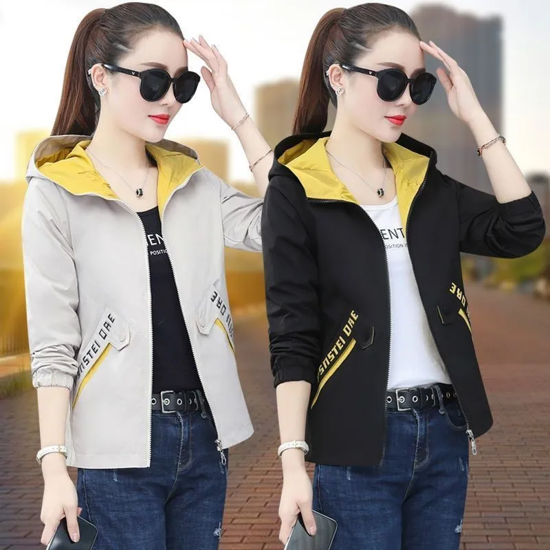 

Женская ветровка с капюшоном, Повседневная Базовая куртка-бомбер с длинным рукавом, верхняя одежда, осень 2024