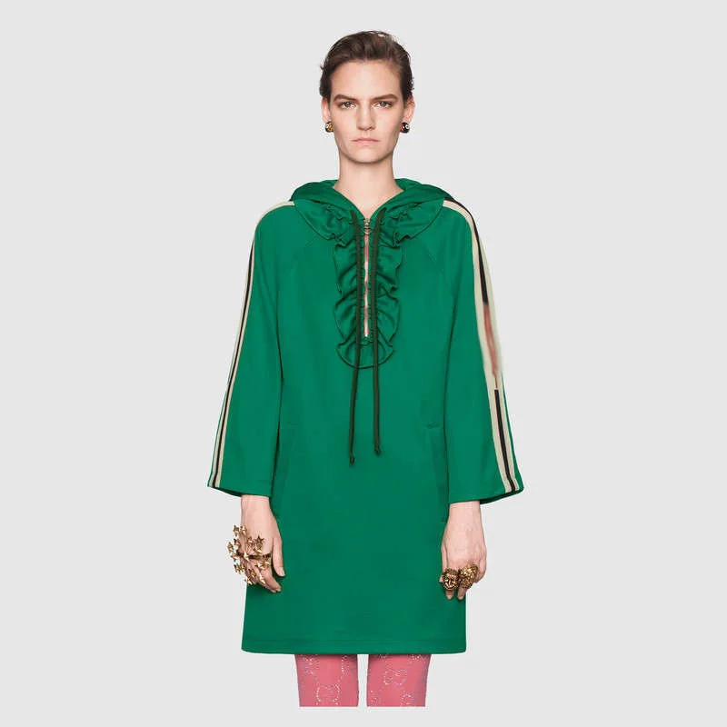 

2019 New Spring/Summer Green Retro Loose Dress Stars Hooded Zippers Straights Fashion Sweatshirt Dresses Women
