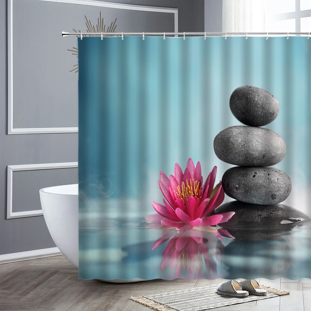 Zen Shower Curtain Bathroom Decor Flower Running Water Green Bamboo Garden Scenery Waterproof