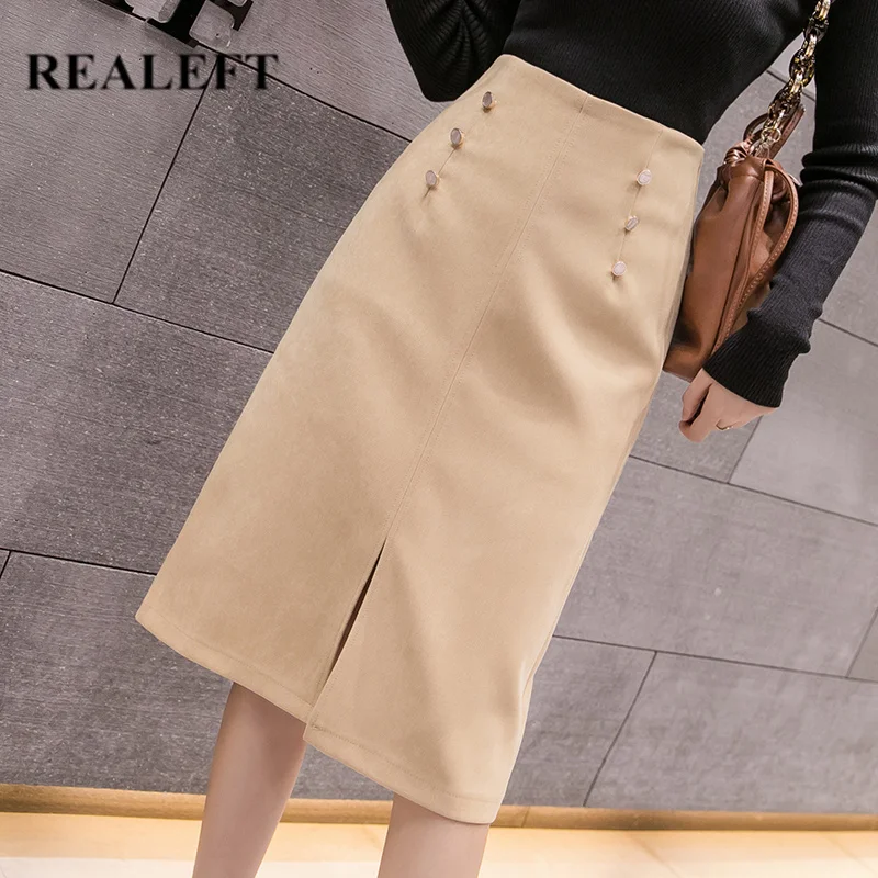 

REALEFT Autumn Winter Solid Casual OL Style Women Fashion Midi Skirts Button High Waist Pencil Wrap Skirts Saia Female 2019 New