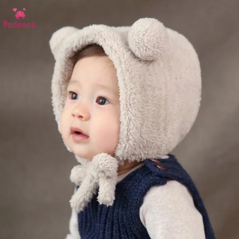 

Fashion Baby Toddler Girls Boys Wool Cap Wrap Ear Warm Knit Autumn Winter Photography Props 0-3T Children Beanies Hat Bear Plush