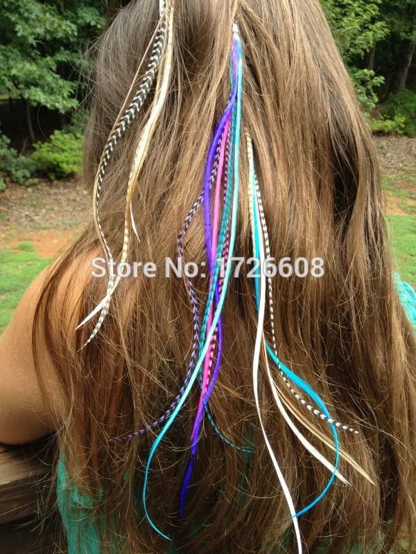 Groothandel 30 Stks/partij Hetero Real Feather Hair Extensions Meisjes Natuurlijke Grizzly Haan Pluim Haar Streep Veren|Feest Doe het zelf Decoraties| -