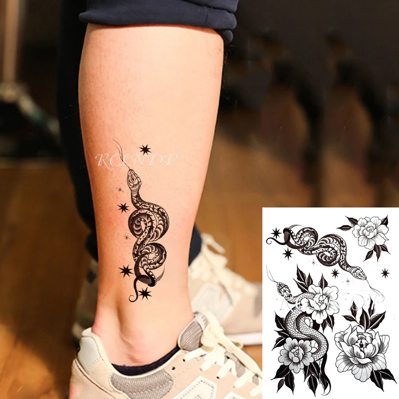 Waterproof Temporary Tattoo Sticker Snakes Flower Star Element Black Fake Tatto Flash Tatoo Arm Leg Body Art for Women Men | Красота и