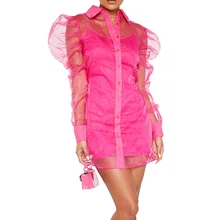 

Transparent Organza Long Shirt Dress Women Summer Autumn Puff Sleeve Top Woman 2021 Rose Red Sexy See-Though Women's Tunic Set