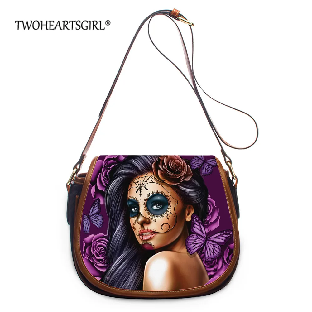 

Twoheartsgirl Gothic Girls Crossbody Handbag Ladies Casual Leather Shoulder Bags Floral Skull Girl Print Messenger Bag Totes