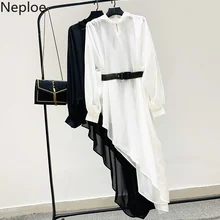 Neploe/Асимметричная рубашка средней длины женские рубашки с застежкой-молнией и стоячим воротником в Корейском стиле, повседневные блузы с поясом, тонкая талия 55211