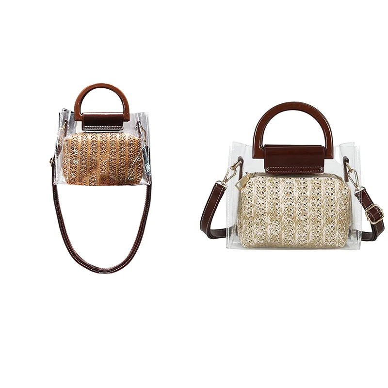 

ABZC-2 Pcs Transparent Bag Summer Straw Messenger Bag Two-Piece Female Transparent Bag Handbag Shoulder Bag, Brown & Khaki