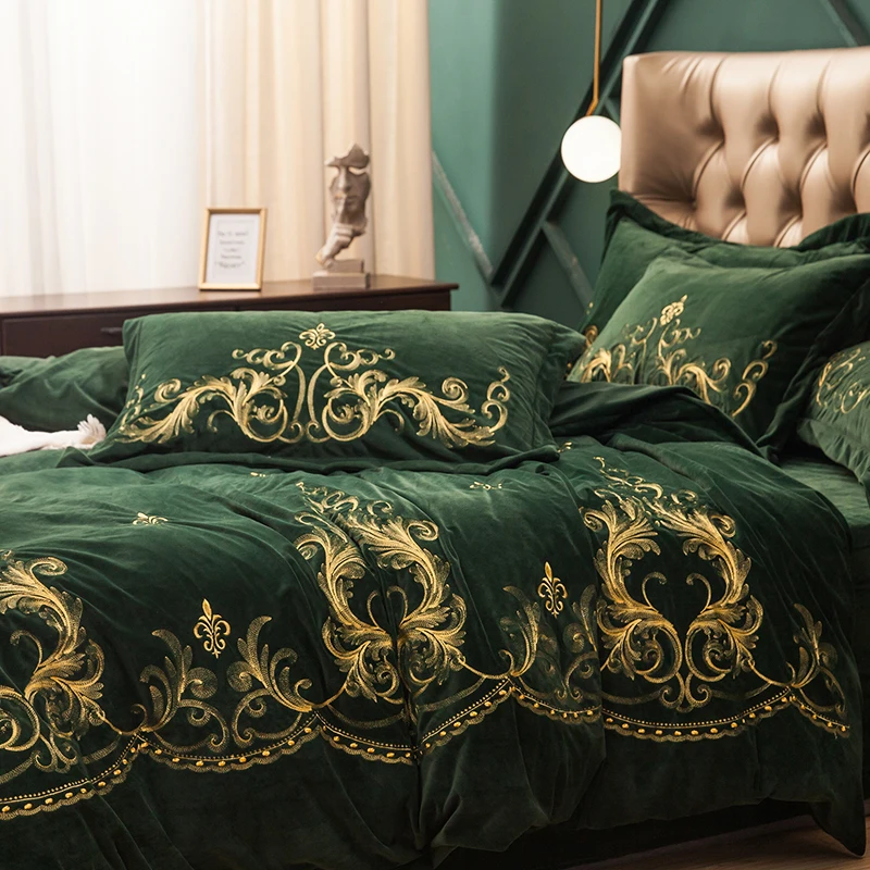 Waliicorners Luxury Green Blue Brown European Gold Embroidery Winter Fleece Flannel Velvet Bedding set Duvet cover Bed Sheet/Linen Pillowcase 15 IMG_7293