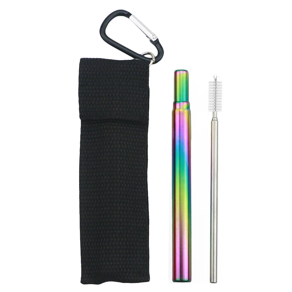 black bag rainbow Телескопическая металлическая соломинка для питья, портативная дорожная соломинка, складная многоразовая соломинка из нержавеющей стали 18/10, соломинка с чистящей щеткой - Цвет: black bag rainbow