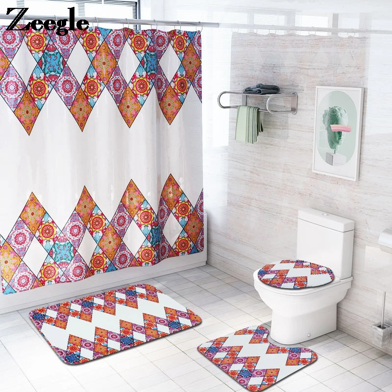 Modern Bathroom Set Geometric Pattern Bath Mat and Shower Curtain Set Memory Foam Absorbent Toilet Mat Shower Mat Bath Rugs