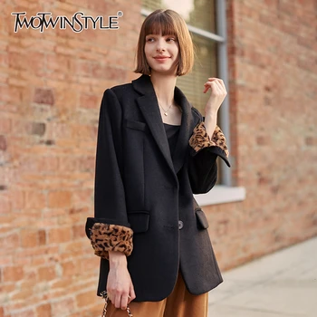 

TWOTWINSTYLE Patchwork Leopard Woolen Blazer For Female Notched Long Sleeve Streetwear Style Autumn Suits Women Fashion 2020 New