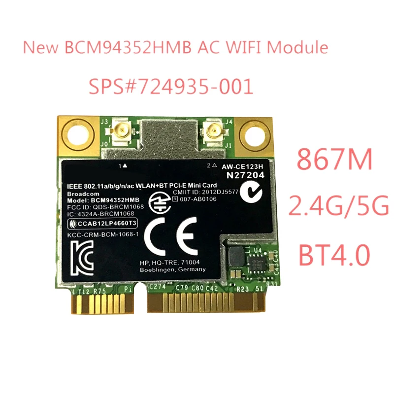 BCM4352 BCM94352HMB Половина мини PCIe PCI-Express беспроводной WiFi WLAN BT Bluetooth карта 802.11AC 867 МГц для 724935-001