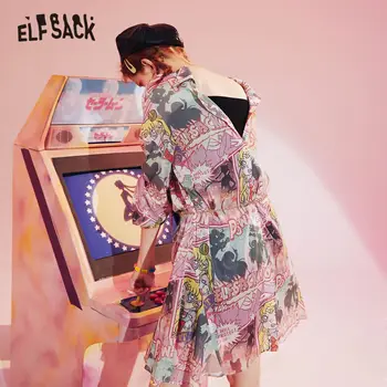 

ELFSACK Purple Cartoon Print Casual Long Chiffon Shirts Women 2020 Summer ELF Graphic Bright Korean Ladies Daily Thin Tops