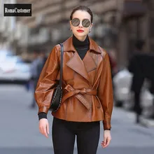 

Womens Spring New Genuine Leather Jackets Sashes Lace Up Turn-Down Collar Loose Short Outerwear Sheepskin Casual Elegant Coat