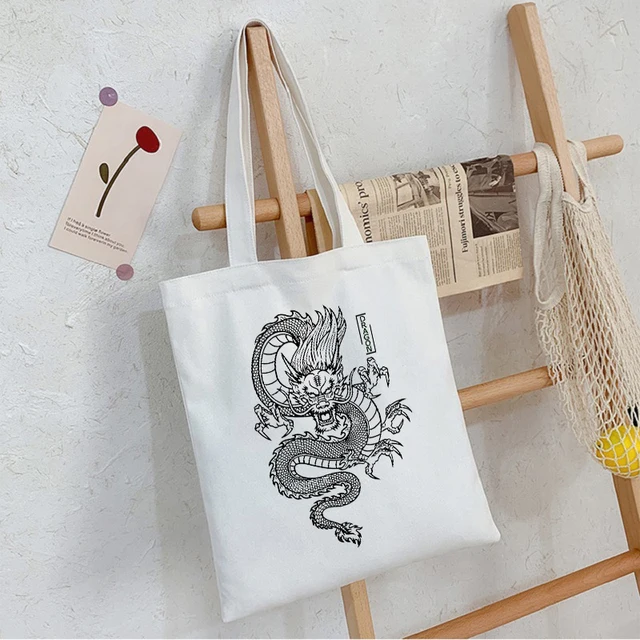 Dragon Printing Canvas Bag Shopper Bag Harajuku Large Capacity Punk Gothic Style Women Bags Classic Vintage Shoulder Bag Handbag P3000-32