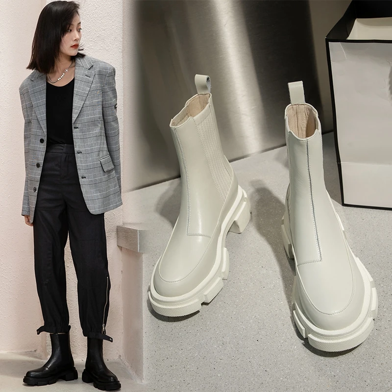 

2020 New Ankle Boots for Women Thick Bottom Round Toe Genuine Leather Boots Black White All-match Botas Feminina platform shoes