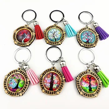 

Jiangzimei24pcs new design Bohemia, Life Tree Keyring 25mm Wood Cabochon Stainless Steel Keychain with tassels glass Cabochon