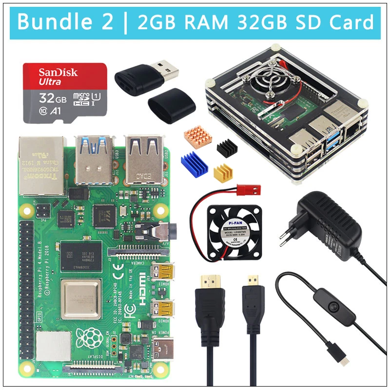 Raspberry Pi 4 модели B 1/2/4GB Оперативная память BCM2711 Cortex-A72 ARM v8 2,4/5G, Wi-Fi, Bluetooh 5,0 вариант SD картой памяти на 32 Гб | Чехол | Мощность | HDMI - Комплект: Комплект 2