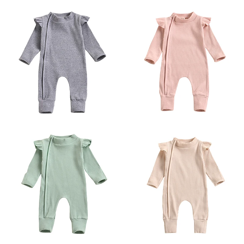 

Newborn Baby Girl Boy Clothes Autumn Spring Long Sleeve Zipper Ruffle Romper Striped Ribbed One Piece Jumpsuit Solid Color