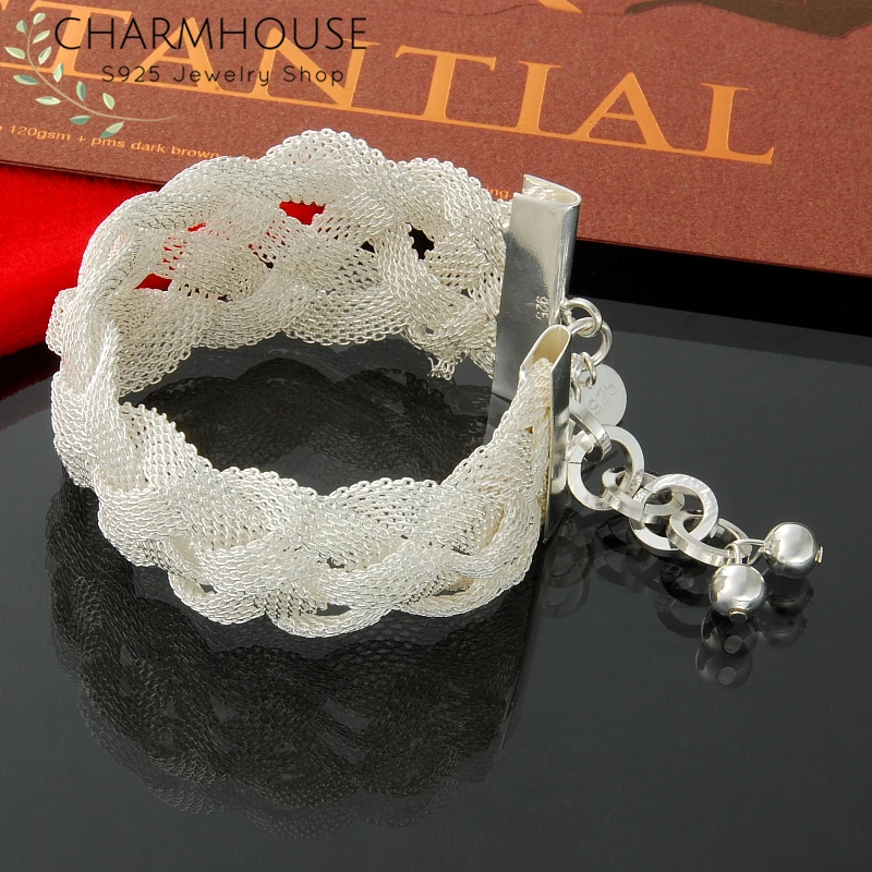 Браслеты из стерлингового серебра для женщин, широкий сетчатый Браслет-цепочка и браслеты, женский браслет, модные ювелирные изделия