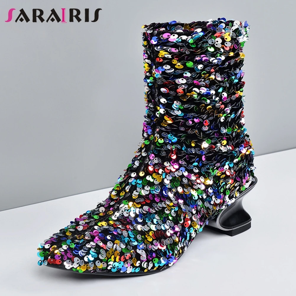 

SARAIRIS New 33-45 Luxury Brand Attractive Party Wedding Booties Ladies Shining Bling Boots Women High Heels Shoes Woman