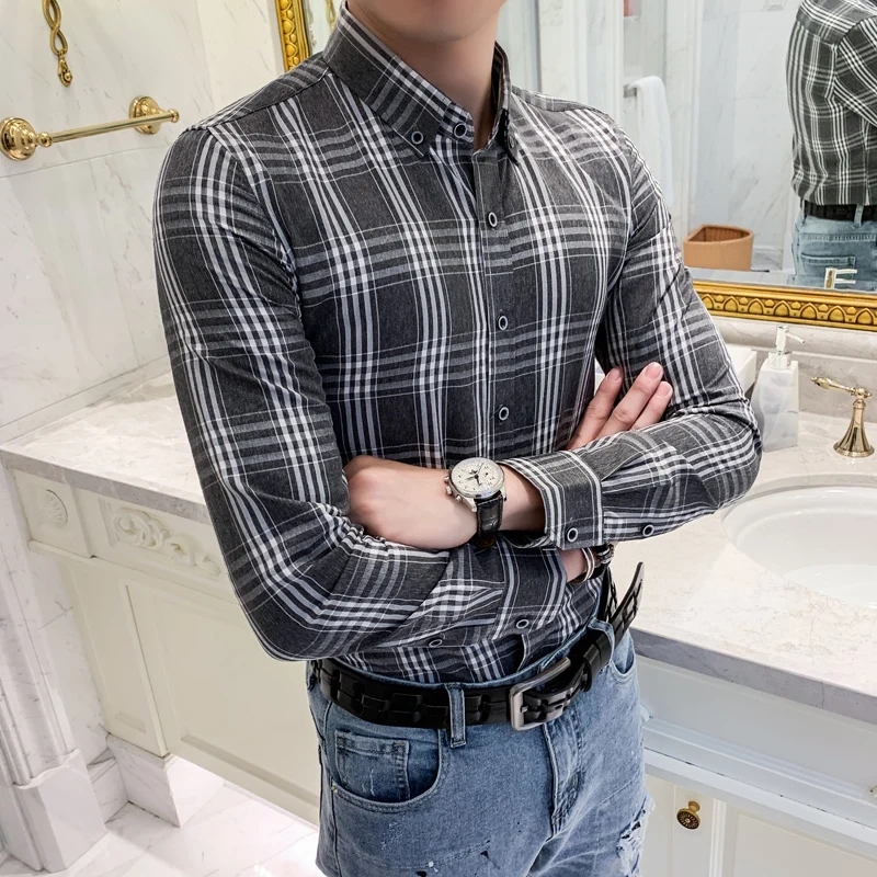 Клетчатая рубашка Camisa Hombre Slim Fit Мужская модная повседневная одежда ретро мужские повседневные рубашки хлопок бизнес офисная рубашка мужская одежда в клетку