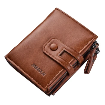 

LJL-JINBAOLAI Men's Brand Wallet Double Zipper Buckle Design Small Wallet Men's High-Quality Short Card Holder Coin Purse