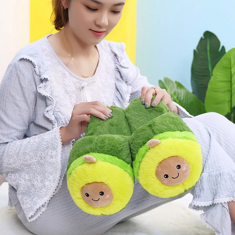 

New Products Avocado Closed-toe Plush Cotton Slippers Autumn And Winter Stereo Fruit Indoor Warm Cotton-padded Shoes Anti-slip F