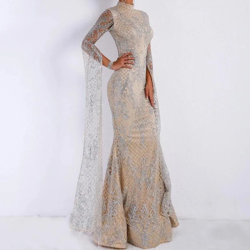 Echoine Women Silver Slim Maxi Dress Long Sleeve Party Autumn Winter Sexy Elegant Sundress Female Vintage Wed Ladies Clothing
