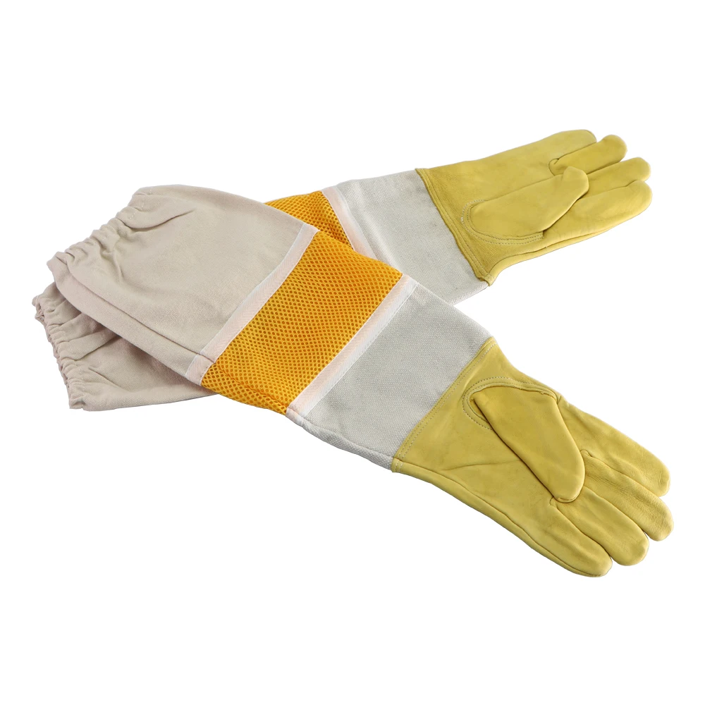 Beekeeping Long Sleeves Gloves Protective Sleeves Breathable Yellow Mesh White Sheepskin And Cloth For Apiculture Bee Equipment