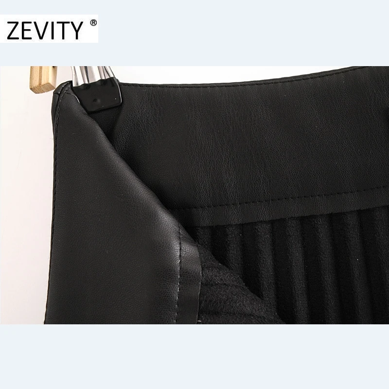Zevity Women vintage high waist PU Leather pleated mini skirt faldas mujer ladies front buttons casual brand chic skirts QUN689