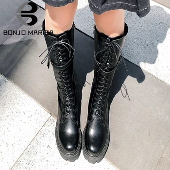 

BONJOMARISA Genuine Leather Female Fashion Platform shoes lace Mid Calf Boots Buckle Brand Boots Women 2020 Winter Shoes Woman