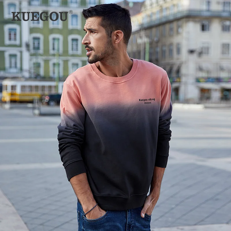 KUEGOU 2020 осень 100% хлопок Принт постепенное Crewneck Толстовка мужская мода тренд