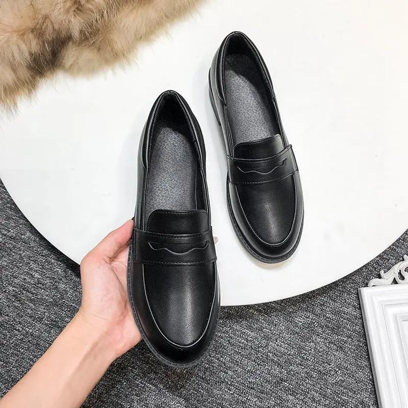 New Solid Black Patent Leather Oxfords Women Shoes Flats Slip on British Style Ladies Shoes Thick Bottom Platform Shoes Woman 5
