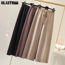 New Autumn Winter Thick Knitted Wide Leg Pants Female Drawstring Loose High Waist Slim Pants 3 Colors Casual Trousers