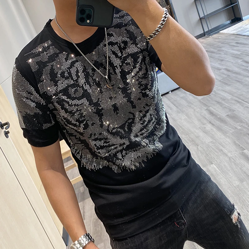 Fashion Diamond Tiger Head T-shirt Mens High Quality Summer T Shirt Men Short Sleeve Streetwear Casual O-Neck Tee Shirt Homme Fashion Diamond Tiger Head T-shirt Mens High Quality Summer T Shirt Men Short Sleeve Streetwear Casual O-Neck Tee Shirt Homme