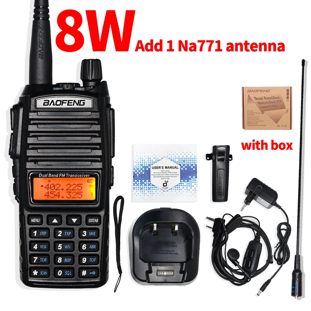 8w Add NA771 Настоящее 8 Вт Baofeng UV-82 двухстороннее радио 8 Вт Высокая мощность Walkie Talkie 10 км 2800 мАч двухдиапазонный охотничий FM приемопередатчик UV82hp UV 82 - Цвет: 8w Add NA771