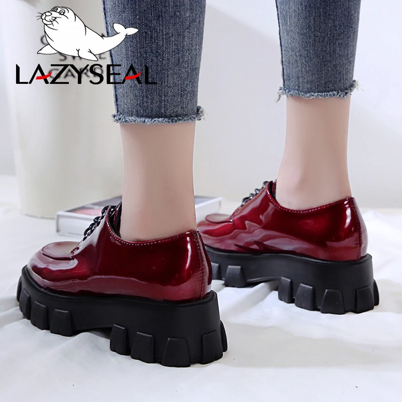 LazySeal обувь из лакированной кожи на платформе; женская обувь на шнуровке; обувь с круглым носком на толстой подошве; повседневная женская обувь; zapatos mujer