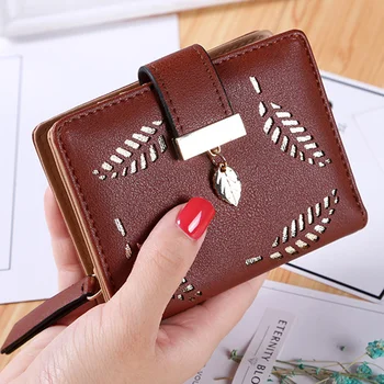 

2020New Women Short Wallets Zipper Buckle Hollow Leaves Small Wallet PU Leather Wallet Card Holder Female Cute Studen Coin Purse